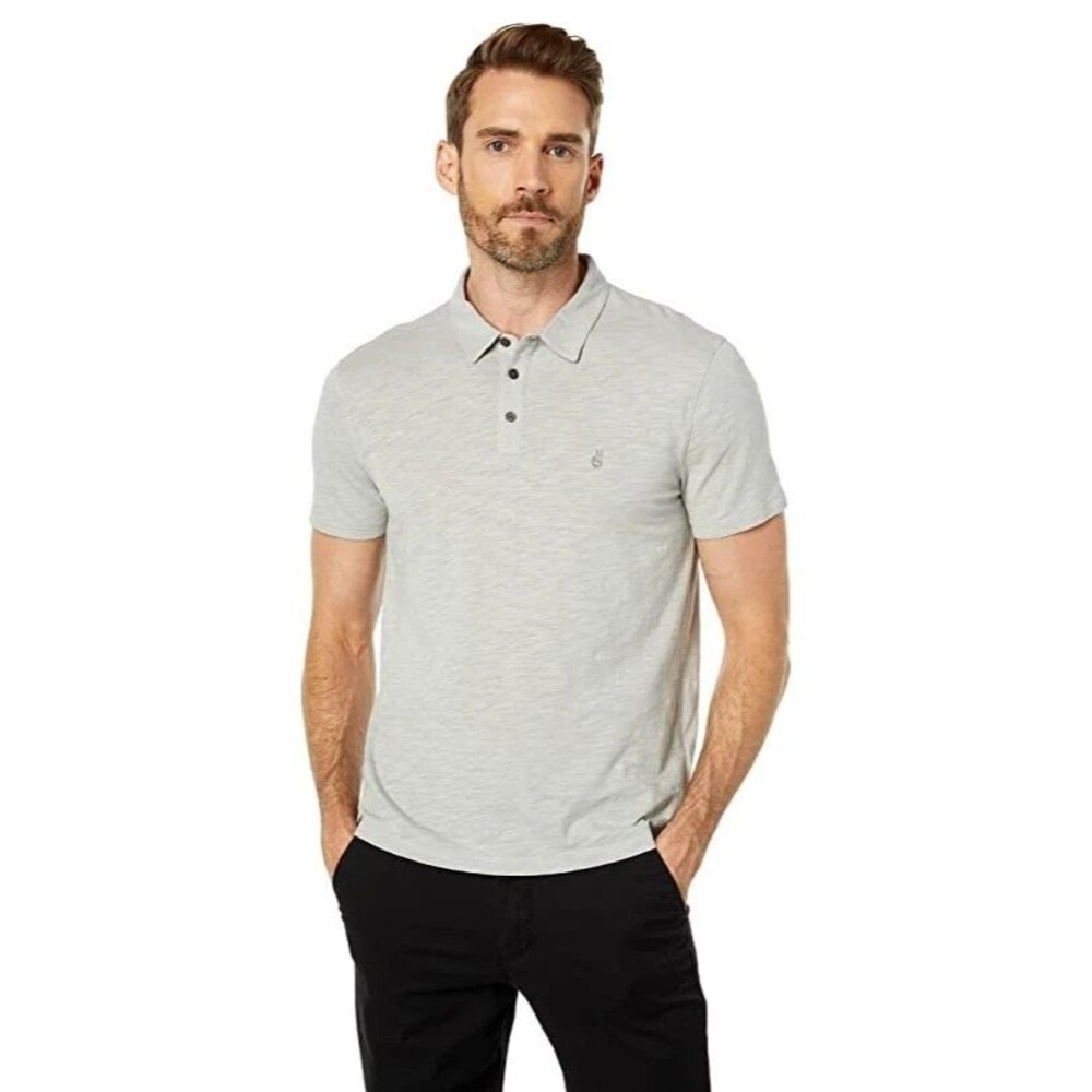 JOHN VARVATOS Polo Shirt Mens Small Grey Slub Cotton Peace Logo VICTOR
